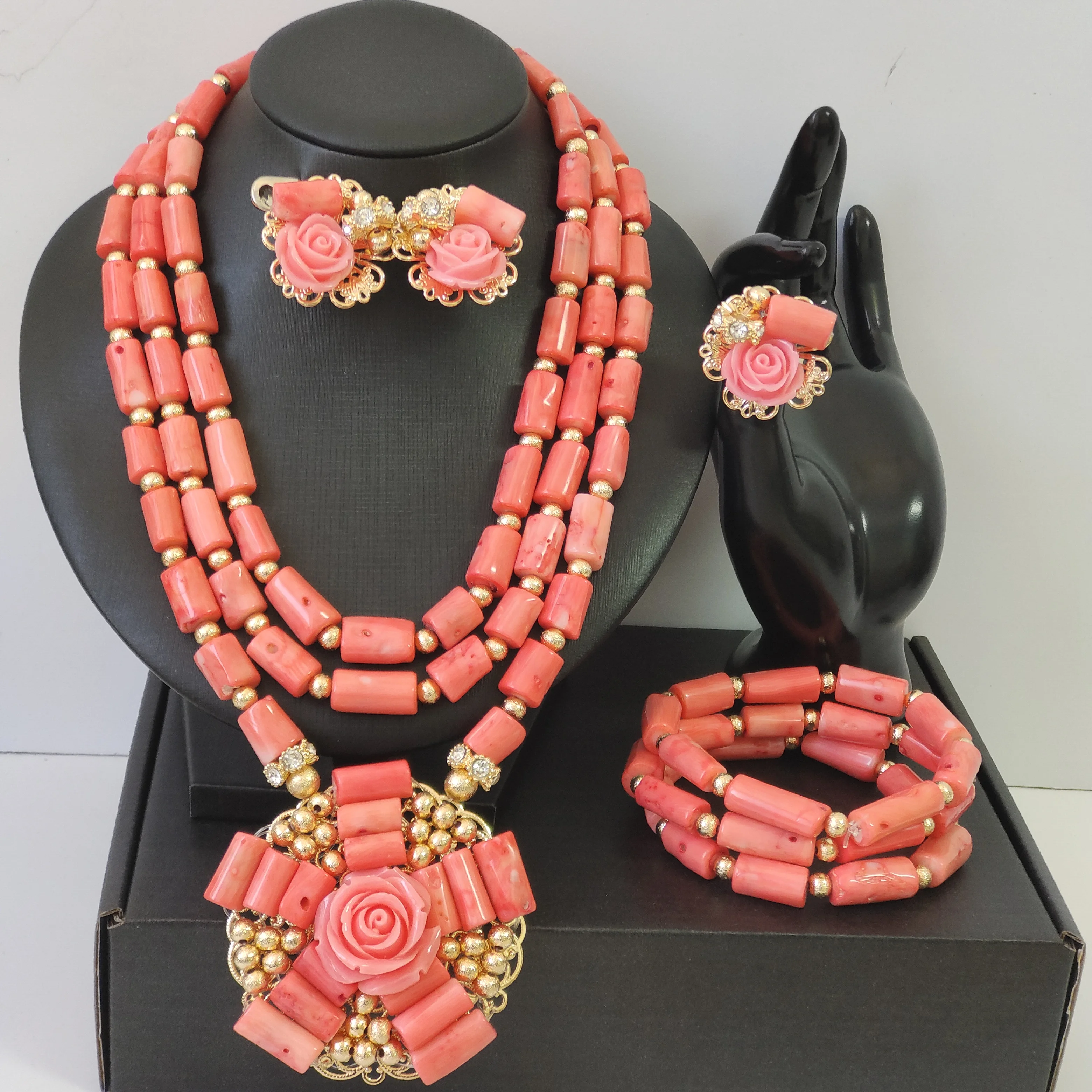 African Jewelry Woman Traditional Marriage Real Coral Beads Nigerian Wedding Set