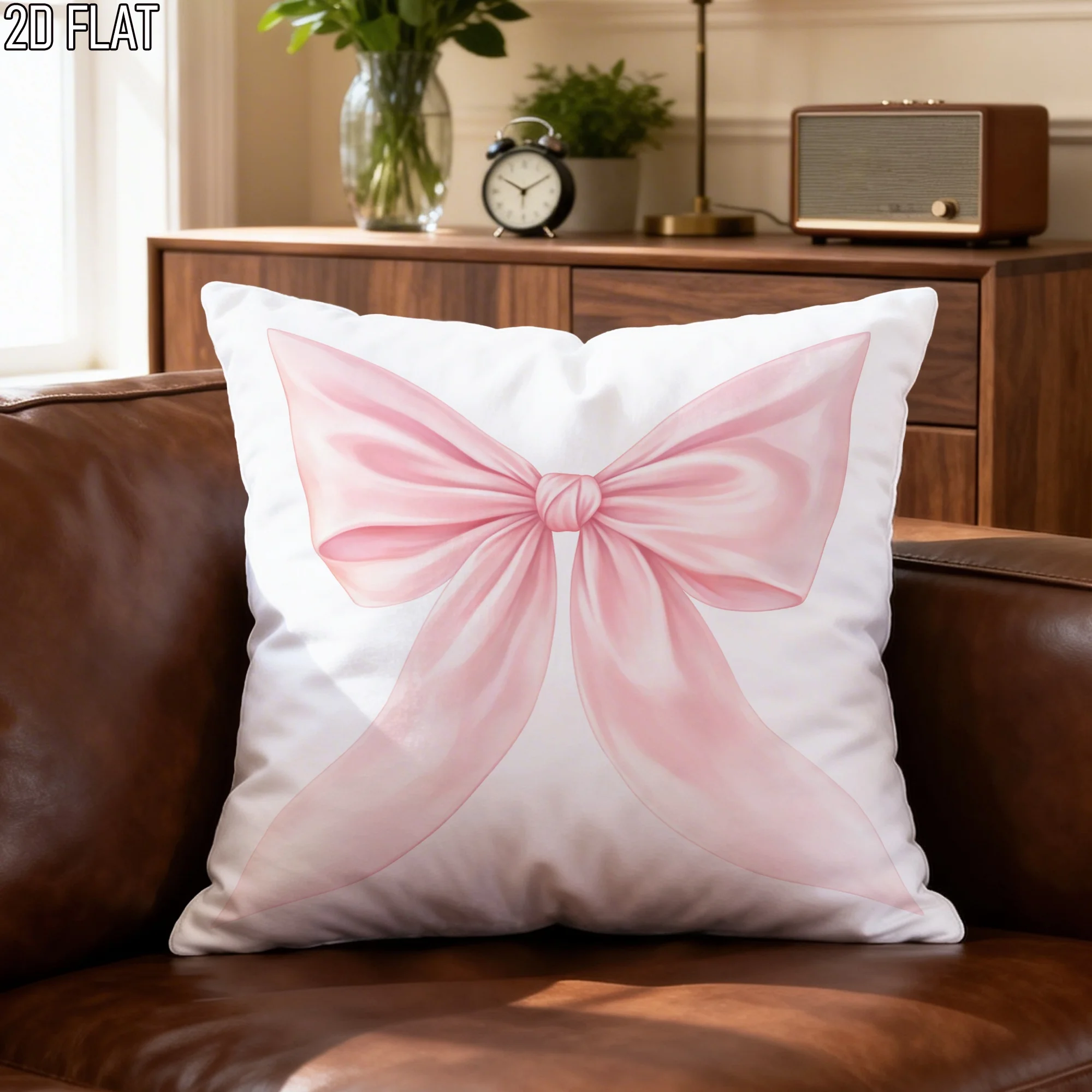 Elegant Peach Bow Pillow Cover Realistic Satin Ribbon Design 16x16 Inch Square Soft Home Decor