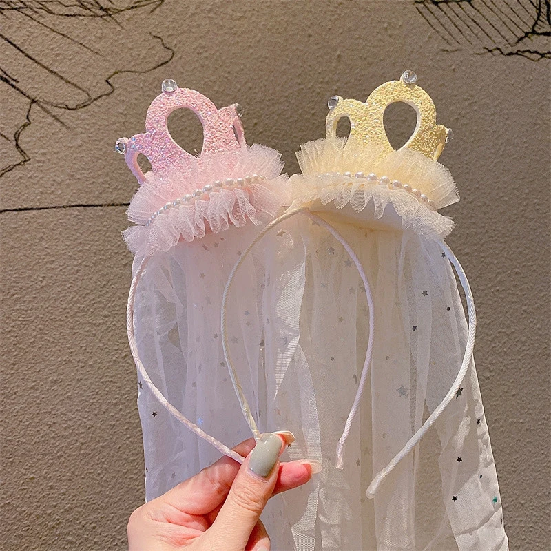 

Children's Handmade Lace Yarn Sequin Hat Princess Pearl Crown Hair Hoop Girl Favor Headwear Hat Happy Birthday Party Decor