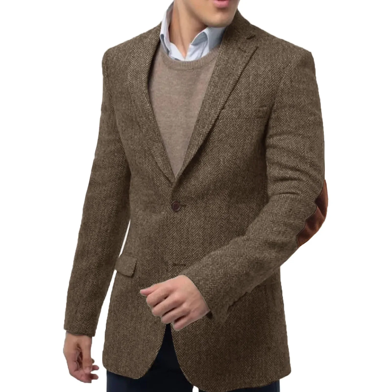 

Men's Suit Brown Blazer Prom Tuxedos Herringbone Wool Tweed Single Breasted Formal Bussiness Jacket for Wedding Coat Only Jacket