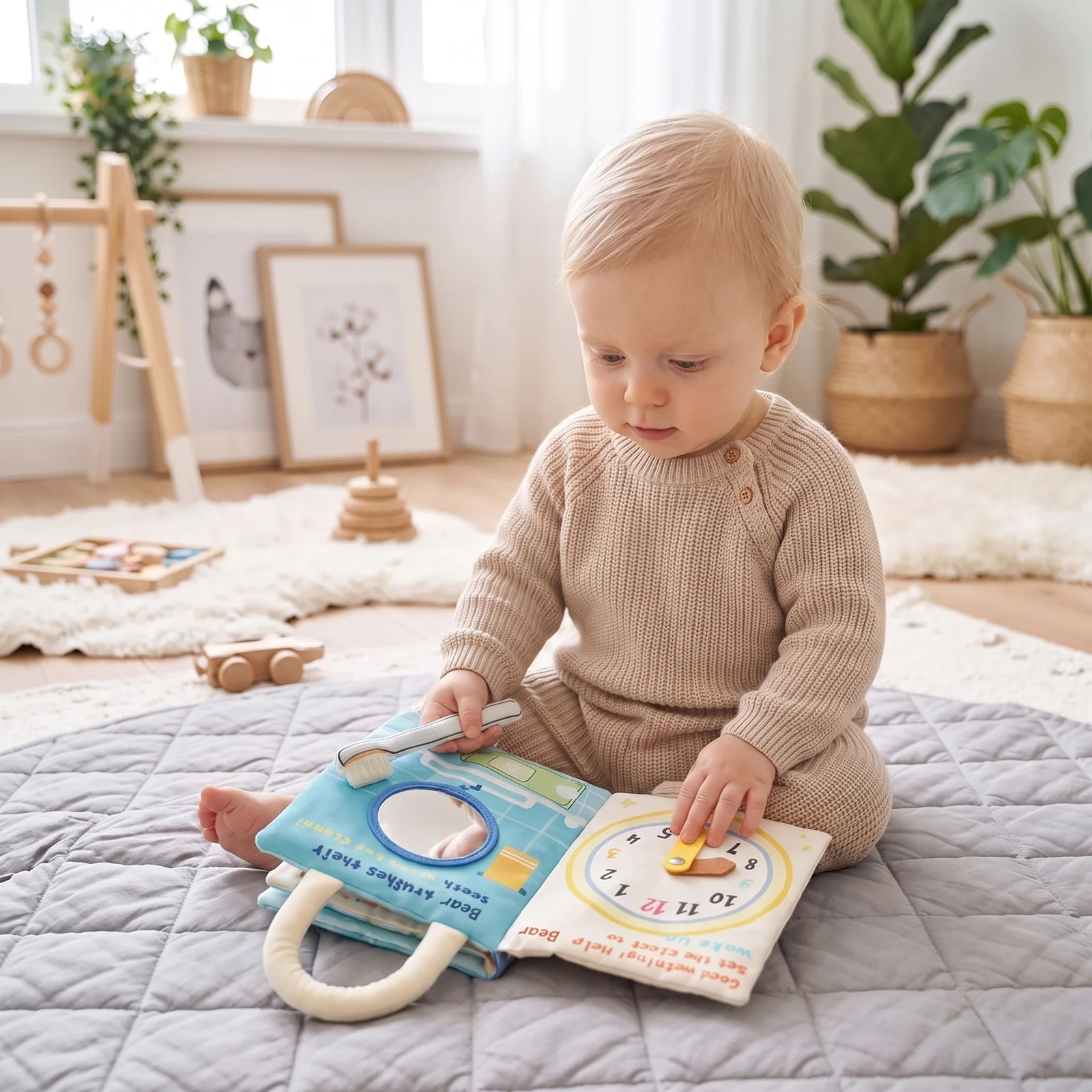 Soft Baby Book & Busy Book 6-12 Months - Washable Teether Sensory Cloth Activity Book with Life Skills & Carry Handle Gift