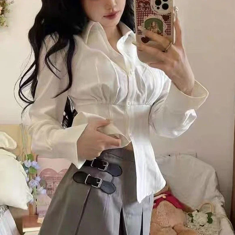 Gidyq Sexy White Women Shirts Korean Fashion Folds Slim Fit Long Sleeve Tops Harajuku Casual Elegant Female All Match Shirts