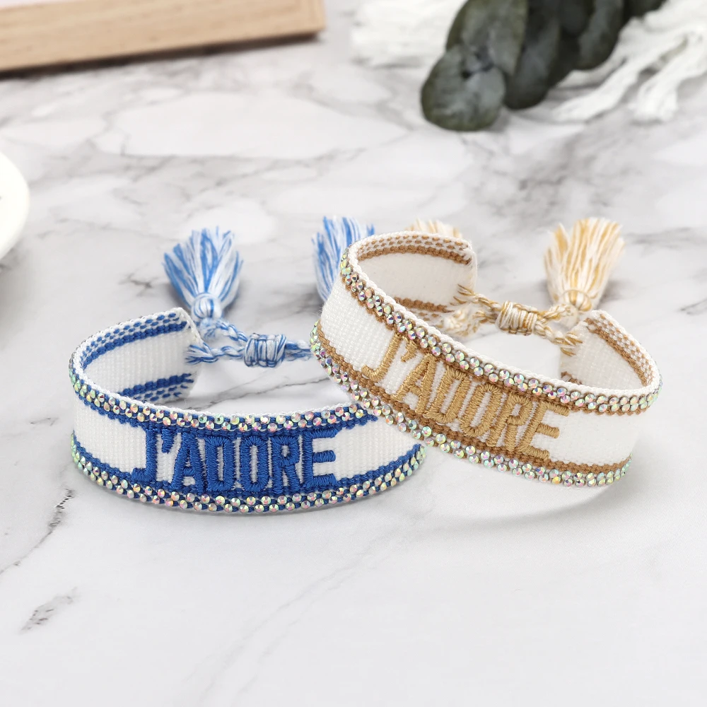 Rhinestone Embroidery Woven Bracelets Adjustable Rope Stackable Bangle For Women