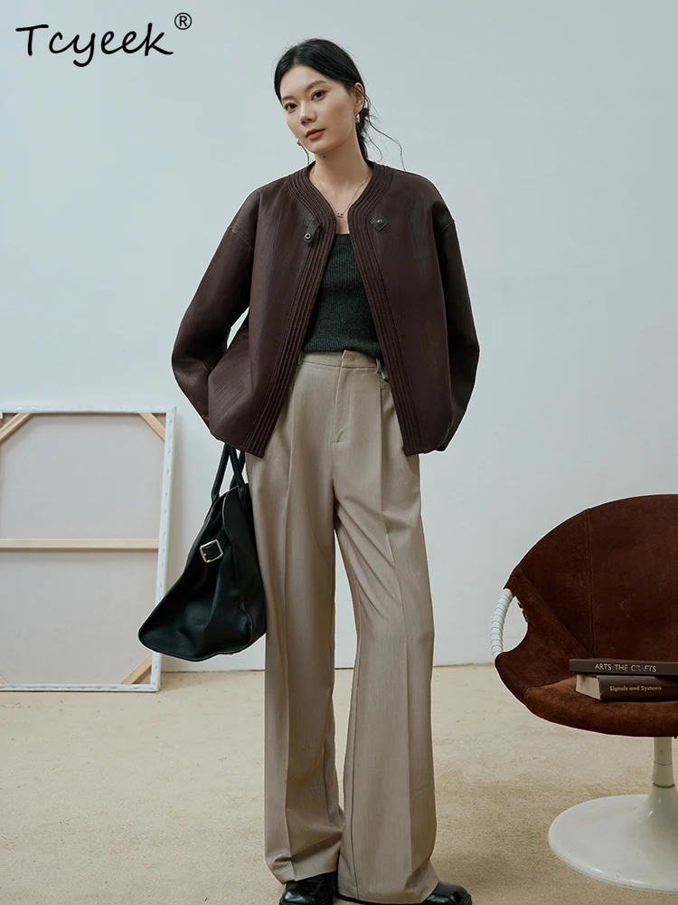 티씨익 양가죽 봄 가을 고급 레트로 브이넥 브라운 커피색 여성용 진짜 가죽 재킷