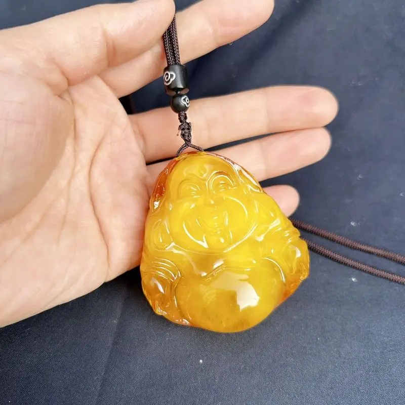 Old gold-copper Laughing Buddha pendant necklace  polished raw amber hanging ornament