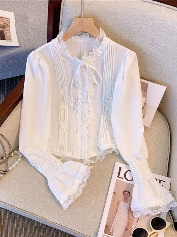 

French Elegant Blouses Solid Color Lace Ruffles Pleated Crop Tops Stand Neck Flare Sleeve Shirts Spring All Match Women Clothing