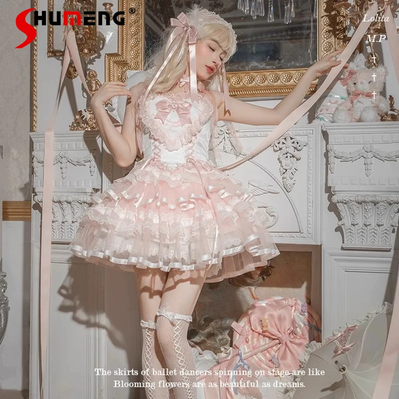 

Sweet Lolita Style Pink Flower Wedding Dress Jsk Summer New Girls Japanese Ballet Style Cute Bow Sweetheart Neck Suspender Dress