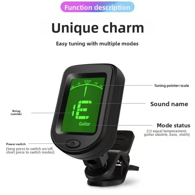 Clip on guitar tuner with battery, regular screen 360 ° rotatable chromatic tuner, suitable for guitar, bass, ukulele, violin