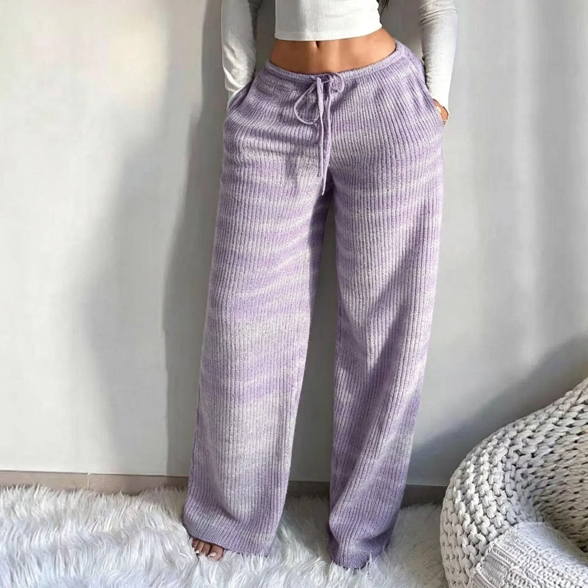 Women's Gradient Knitted Wide Leg Casual Pants With Soft Fabric Suitable For Home Relaxation And Leisure Travel In Spring Autumn