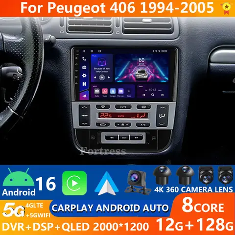 푸조 406 1995-2005용 안드로이드 16 카 라디오, 퀄컴 멀티미디어 비디오 플레이어 2DIN GPS 네비게이션 헤드 유닛, 블루투스 4G LTE 5G 와이파이 QLED