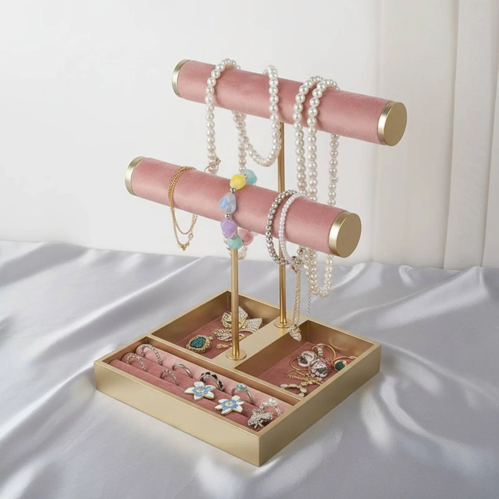 

Earring and Band Organizer Dual Layer Necklace Display Stand Velvet Jewelry Display Rack Compartment Tray for Women, Dress Table