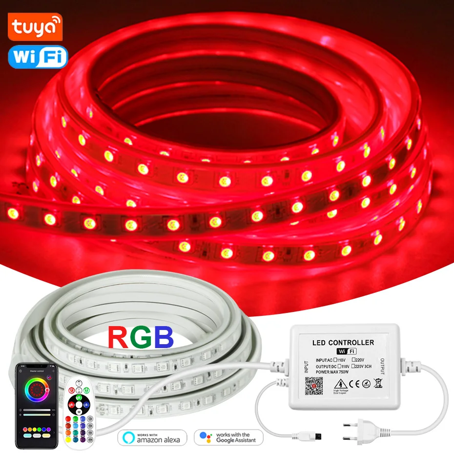 Tuya Smart 220V LED Strip 1-100M 4Pin Flexible 5050 IP67 RGB Color Changeable Tape Alexa WiFi / Bluetooth APP / Remote Control