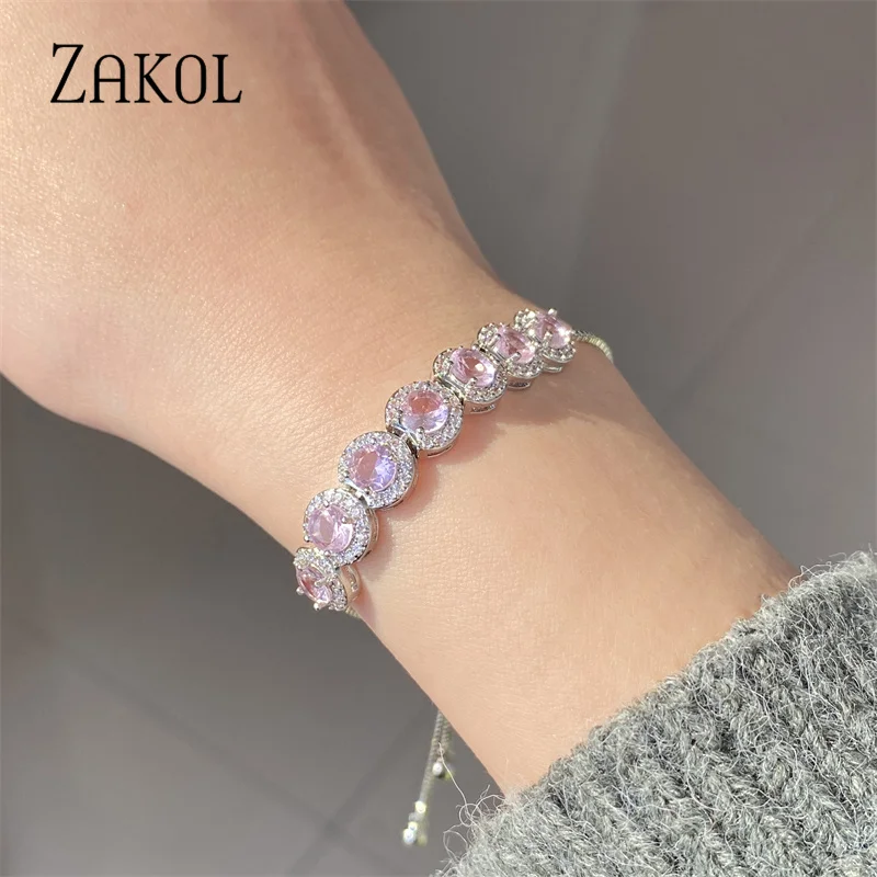 ZAKOL Fashion Pink Round Adjustable Bracelets for Women Green Crystal Cubic Zirconia Bracelet Wedding Party Jewelry BP2062