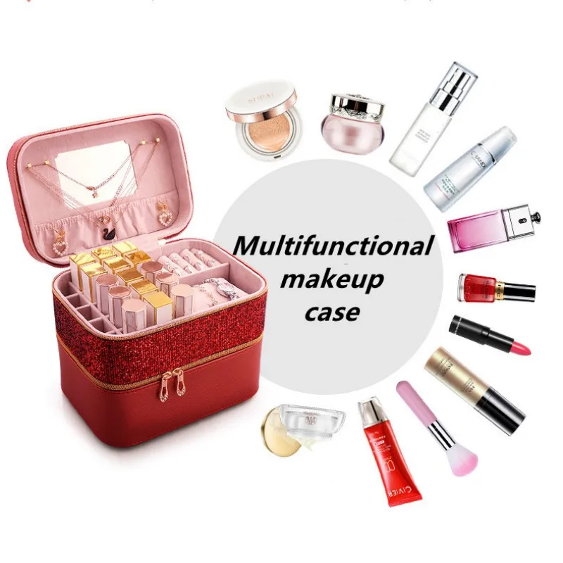 

2023 Multifunctional Cosmetic Storage Box Dustproof Jewelry Mirror Suitcase Lipstick Storage Box Portable Travel Makeup Bag