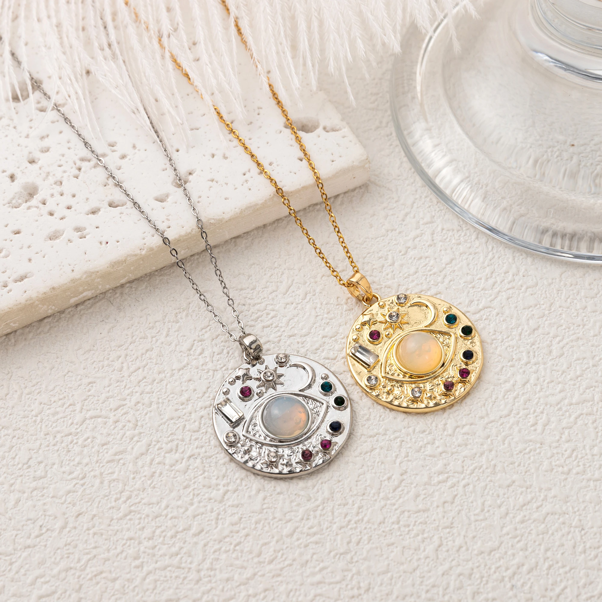 

Devil’s Eye Zircon Necklace, 18K Gold Plated Stainless Steel, Sun Moon Star Pendant, Minimalist Collarbone Chain Jewelry
