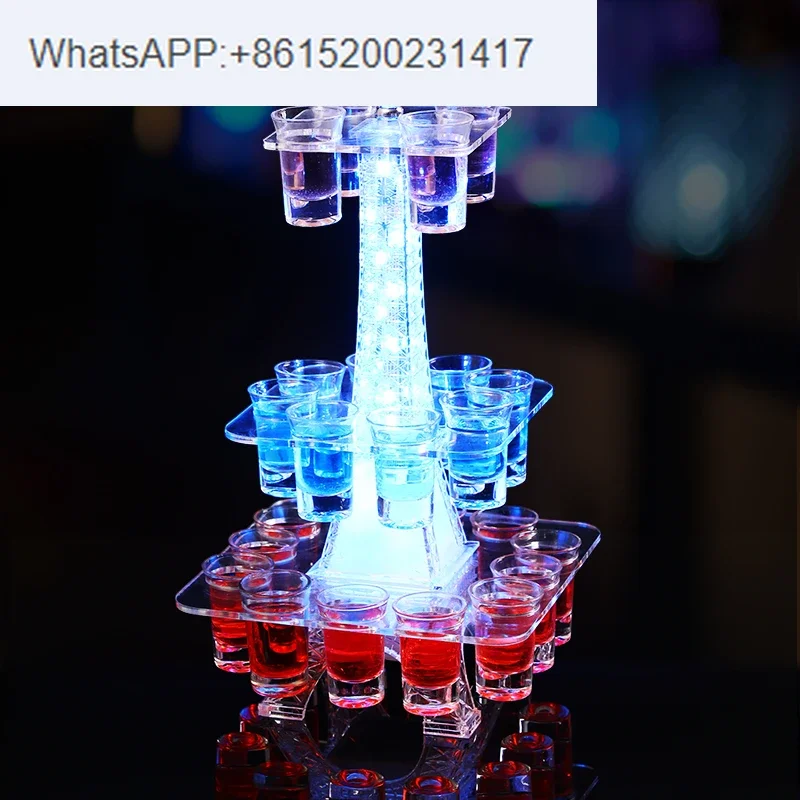 Portable 24 hole cocktail glass tower display stand, rechargeable LED glass service tray, LED wine glass holder