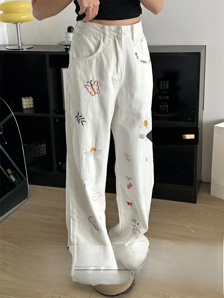 

High Waist Wide Leg Straight Jeans Women's Graffiti Embroidery Denim Pants Summer New Design Loose Fit Trousers Trendy