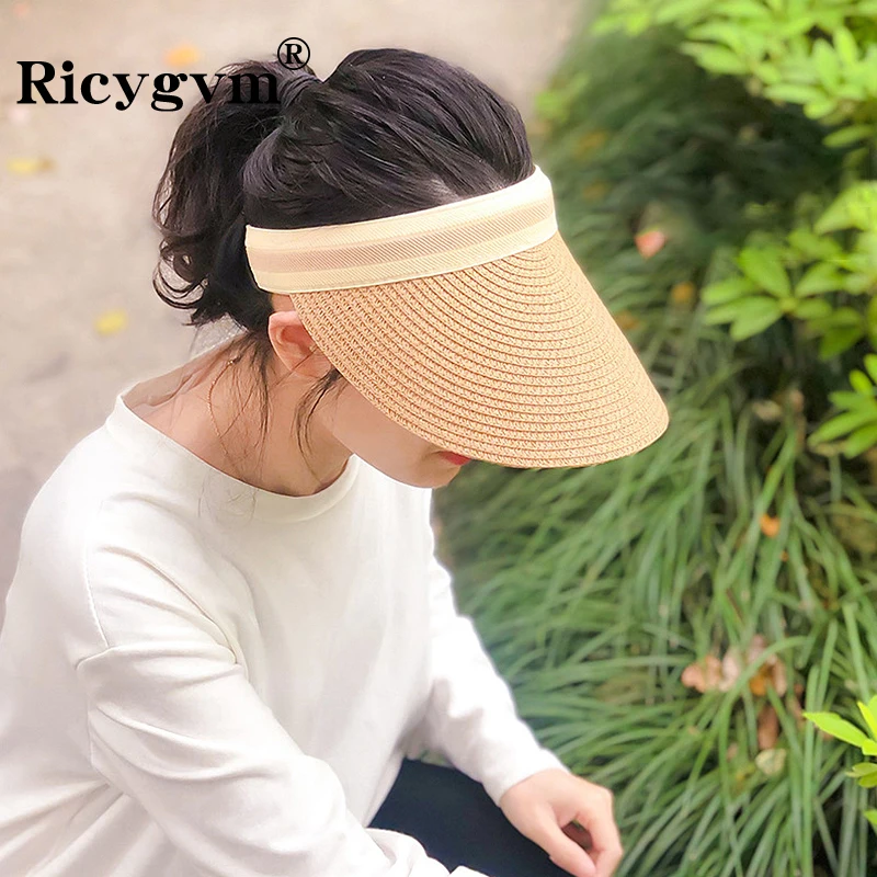 Summer UV Protection Sun Hat For Women Fashion Wide Brim Empty Top Bonnet Outdoor Sports Casual Sunscreen Visor Girl Straw Cap