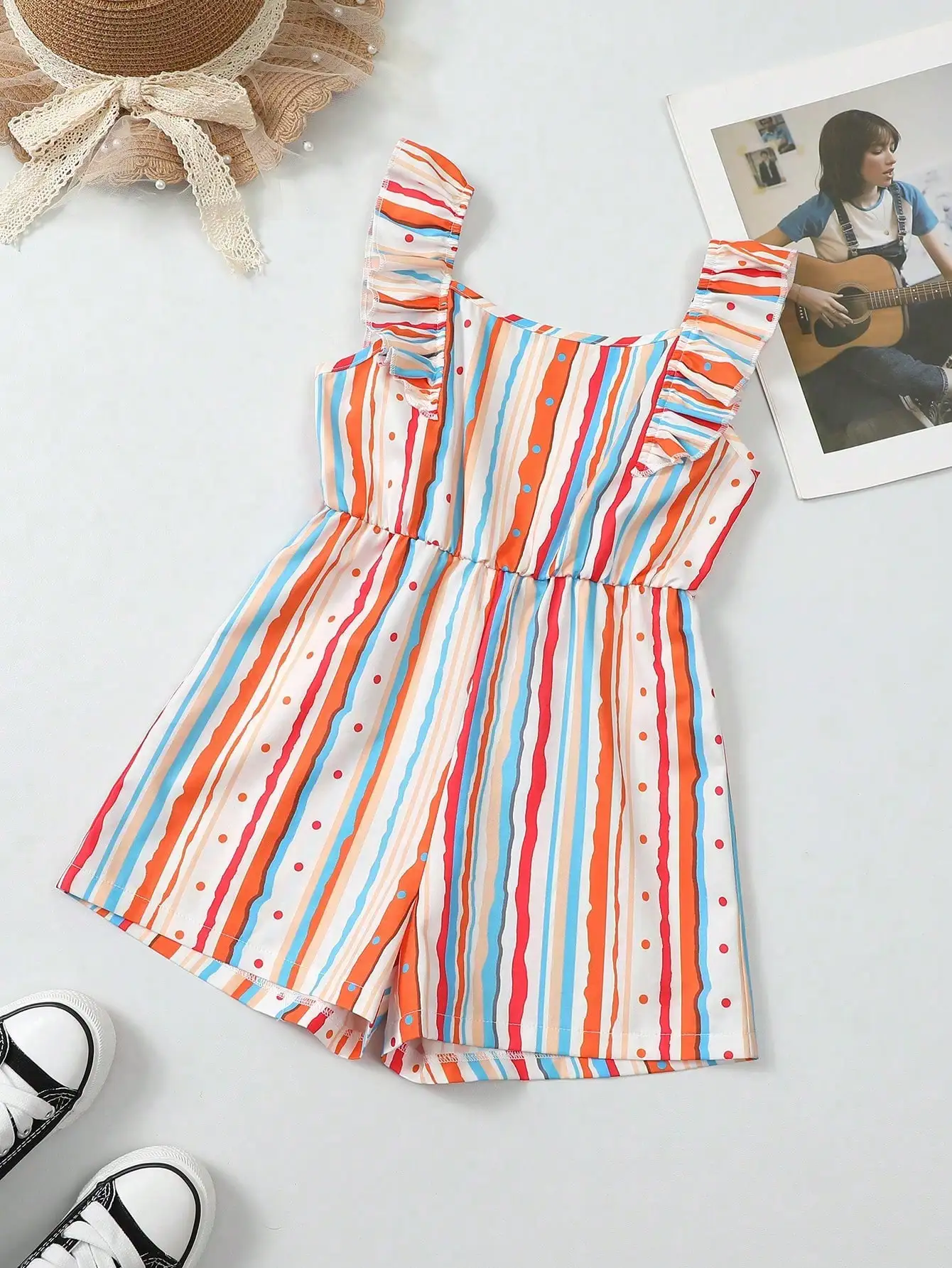 Bohemian style girls' striped flowing border sleeveless lace up jumpsuit, popular style, suitable for daily travel