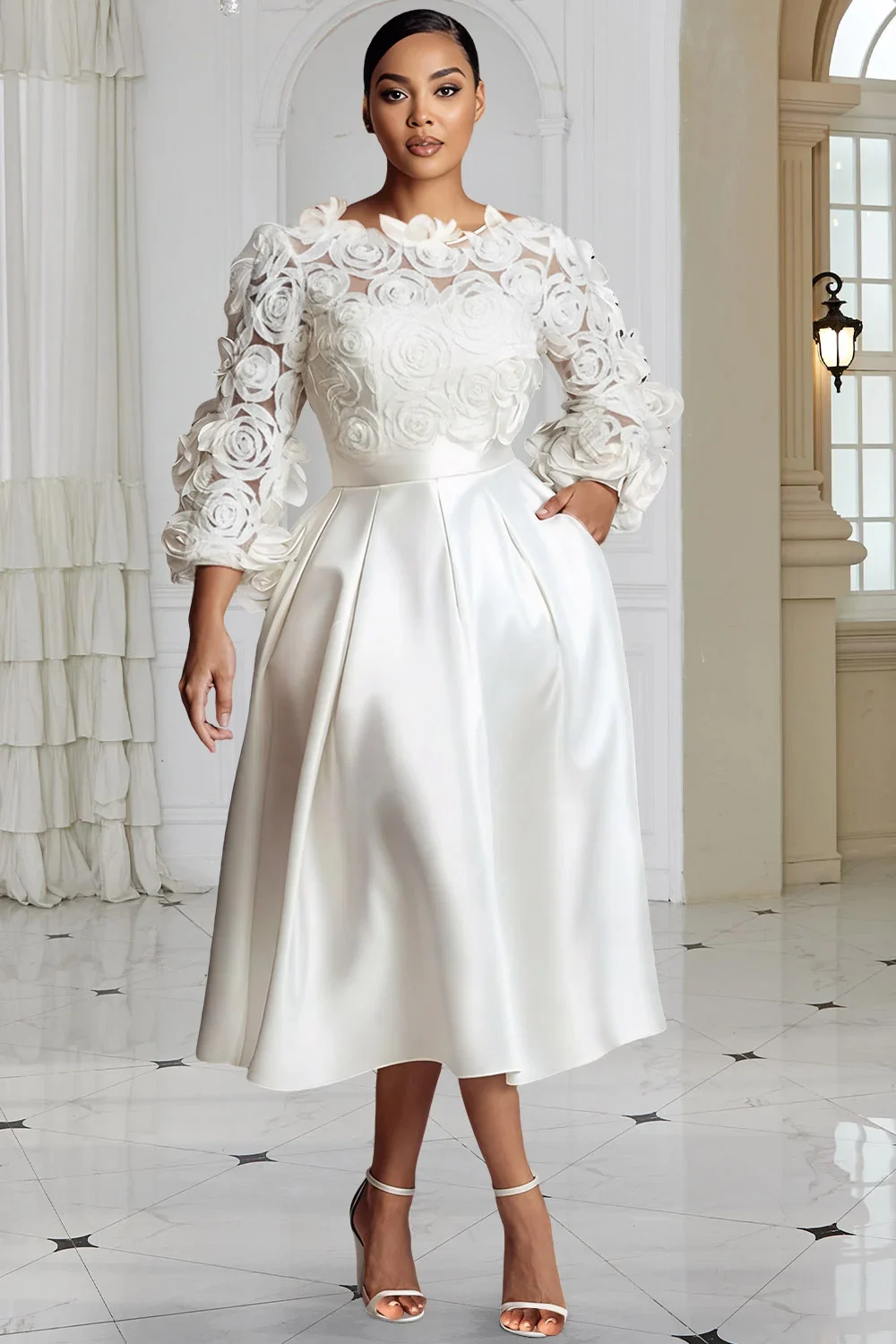 

Plus Size Wedding White Round Neck 3/4 Sleeve 3D Elegant Pocket Satin Midi Dresses