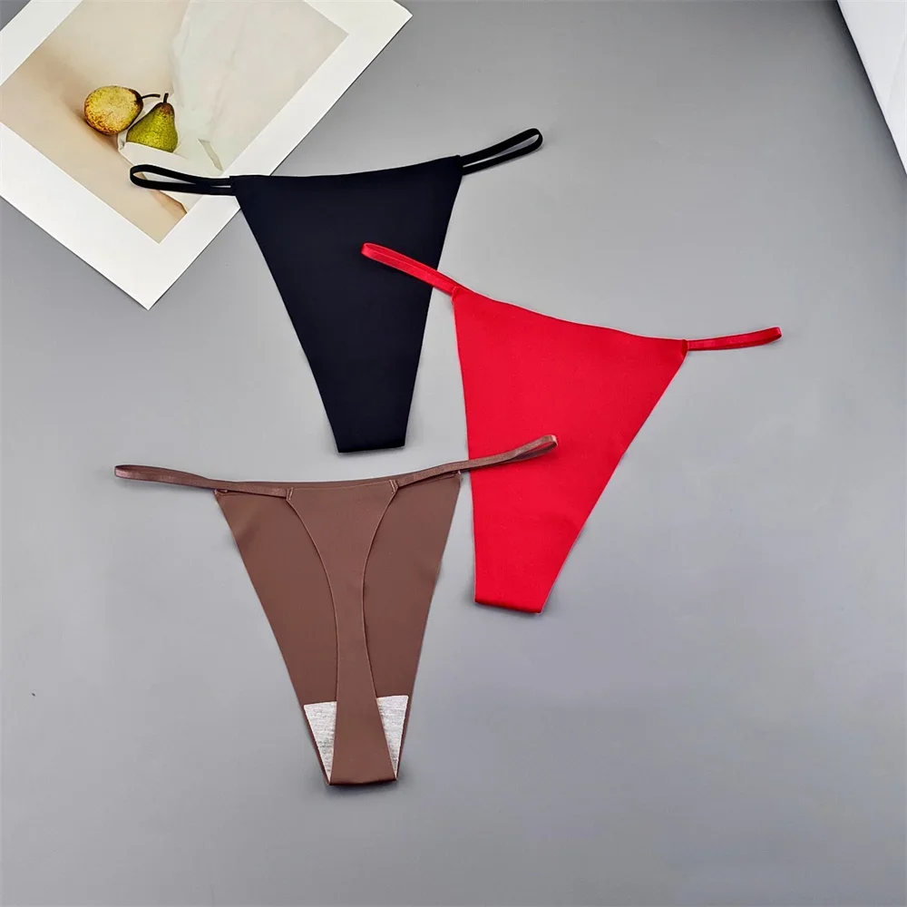 3PCS  Invisible Women Seamless Thong Thin Strap Low Waist Ice Silk Nylon Panties Sexy Ladies No Trace Underwear T-back