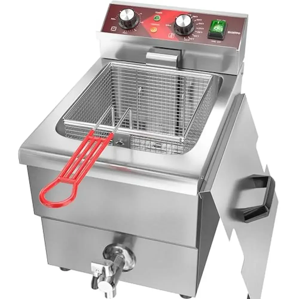 Large Electric Fryer with Oil Drain and Timer 12L Stainless Steel Countertop Fryer Basket and Lid Fast Heating Adjustable