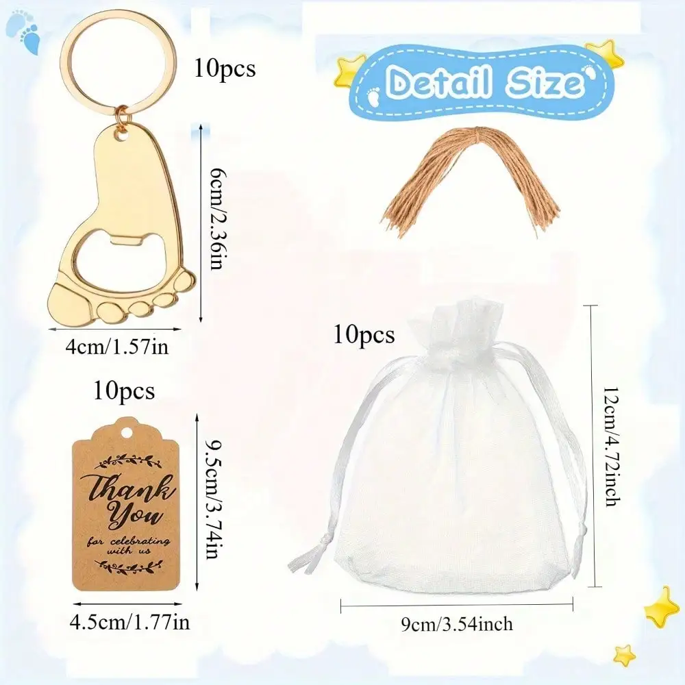 30-piece set - 10 sets of shoe keychain bottle opener set, cute footprint keychains, includes shoe keychains, drawstring bag, an