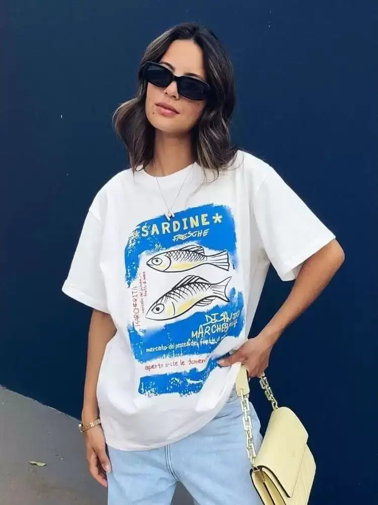 Vintage Sardine Fish Italian Text Print Cotton T-Shirt Women Blue Graphic Loose Crew Neck Short Sleeve Coastal Casual Top Street