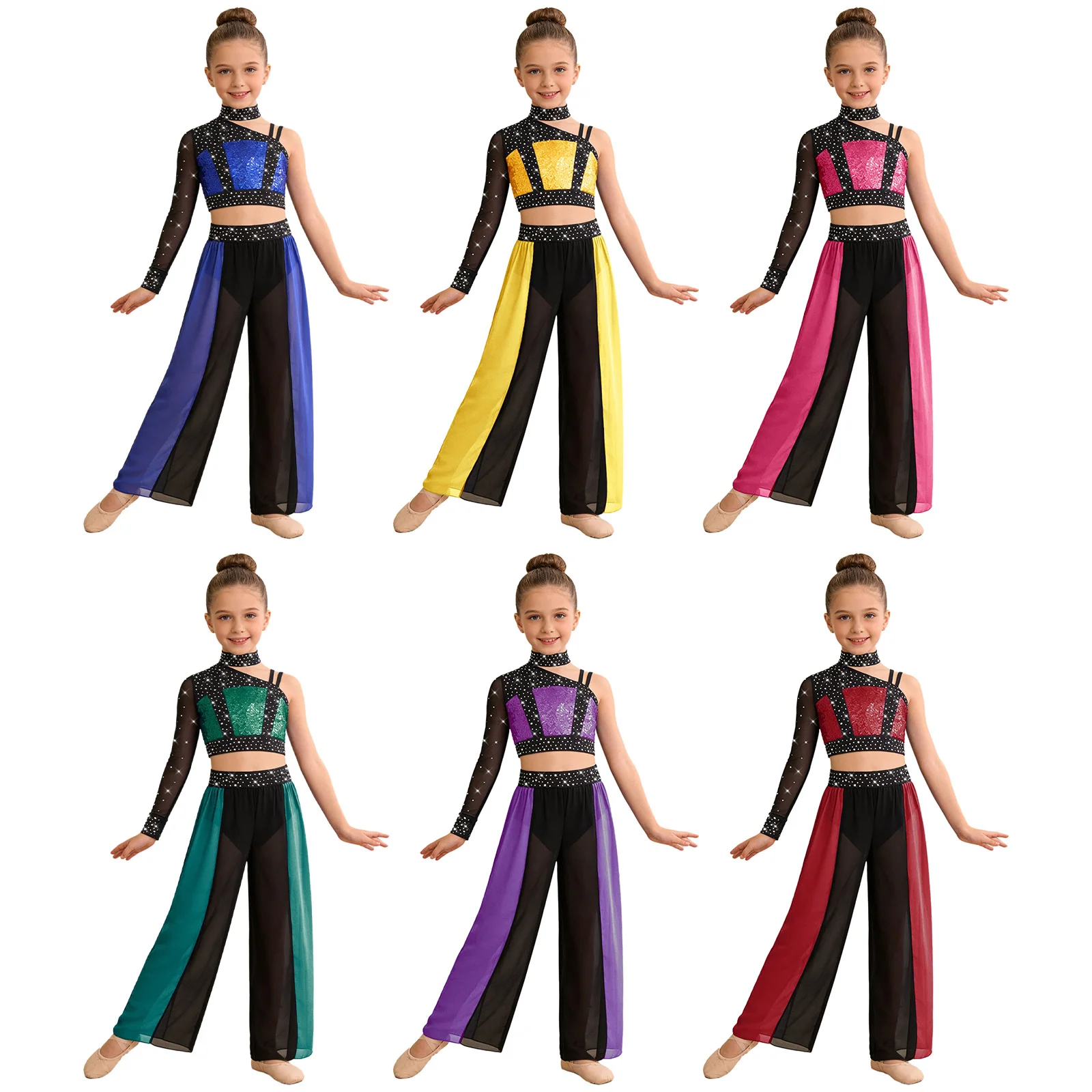

Kids Girls Modern Lyrical Dance Crop Top with Split Chiffon Pants Figure Skating Gymnastics Acrobatics Stage Performance Costume