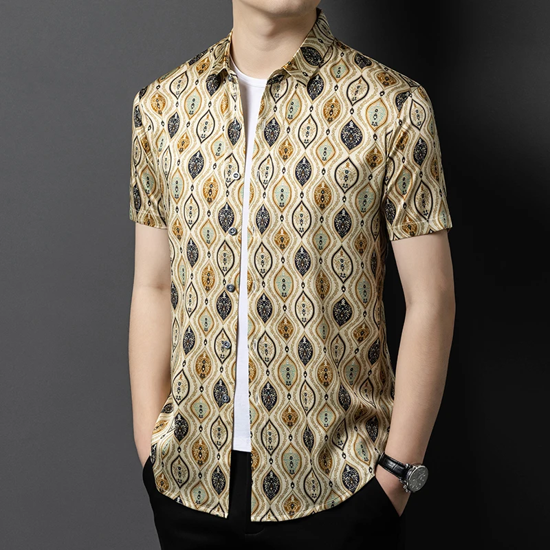 

92.5% Silk Contain Luxury Shirts For Men Short Sleeve Easy Care Summer Coolness Quality Trends Casual 3D Print Camisas De Hombre