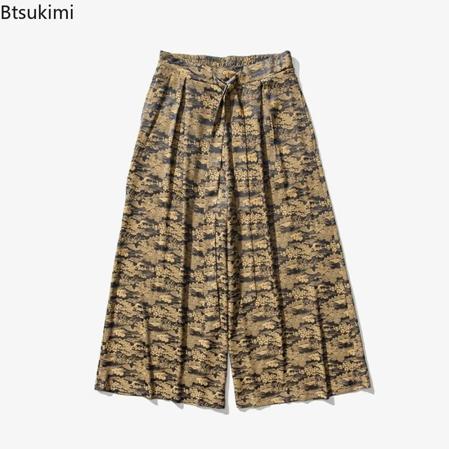 Summer New Men's Cotton Linen Wide Leg Pants Vintage Print Loose Casual Trousers Trend Streetwear Chinese Style Men Hanfu Pants