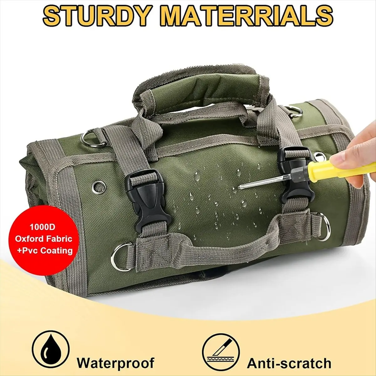 Roll Up Tool Bag,Heavy Duty Tool Organizer with 2 Detachable Zipper Pouches, Compact Tool Storage for Men Women