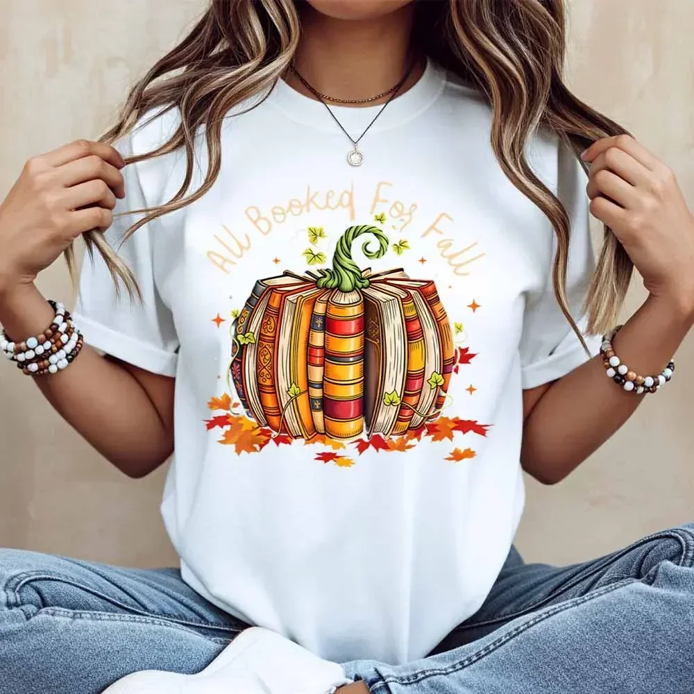 All Booked For Fall Pumpkin Books Print T Shirt Women Casual Short Sleeve Top Autumn Theme Graphic Tee