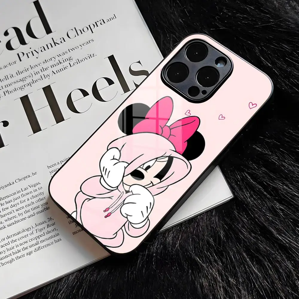 Capa de Celular Mickey Mouse para iPhone 17 Air 16 E Pro Max 15 14 13 Mini 12 Pro 11 Max Plus, Capa de Vidro Preta