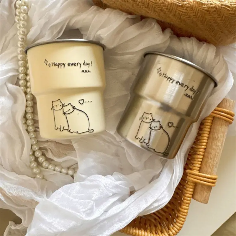 304 Stainless Steel Water & Coffee Cup Couple Set - Ins Cute Kitten Design, High-Looking for New Home Use