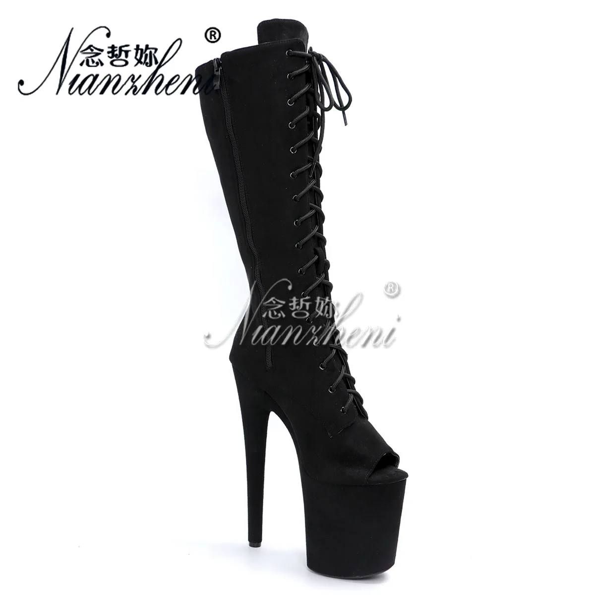 Sexy 8-Inch High Heels Knee Boots Platform 20cm Peep Toe Velvet Shoes Lace-Up Fetish Footwear for Pole Dance Exotic Nightclub