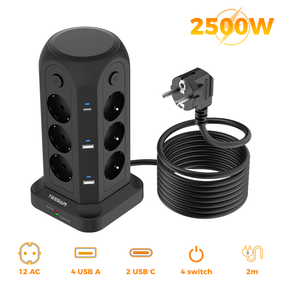  TESSAN EU Plug Tower Power Strip with 4 Single Switches Multiple Vertical Sockets with Surge Protection 2M/5M Extension Cable