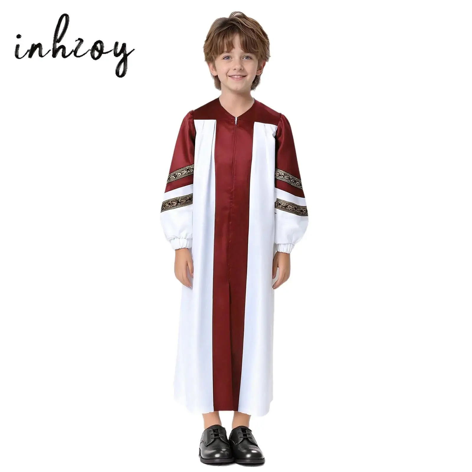 

Boys Girls Choir Robe Dress Embroidered Stripes Long Sleeve Color Block Zipper Clergy Gown Halloween Theme Party Cosplay Costume