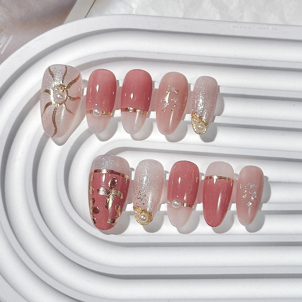 귀여운 패션 반짝 이는 고양이 눈 수제 분리형 가짜 손톱 아크릴 손톱에 고품질 손으로 그린 ​​꽃 진주 프레스