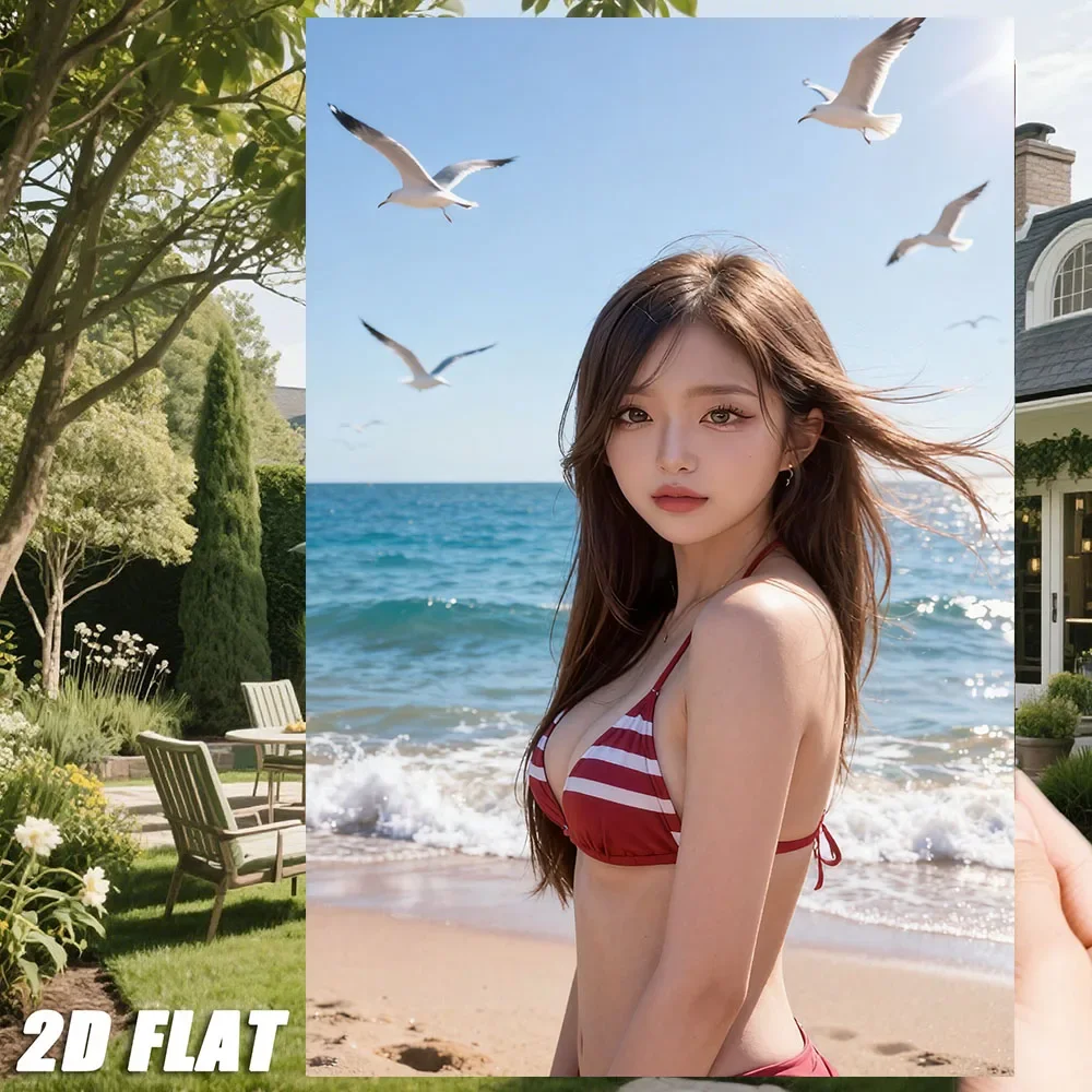 Sexy Asian Woman in Red Striped Bikini on Beach Metal Tin Sign Wall Art Decor