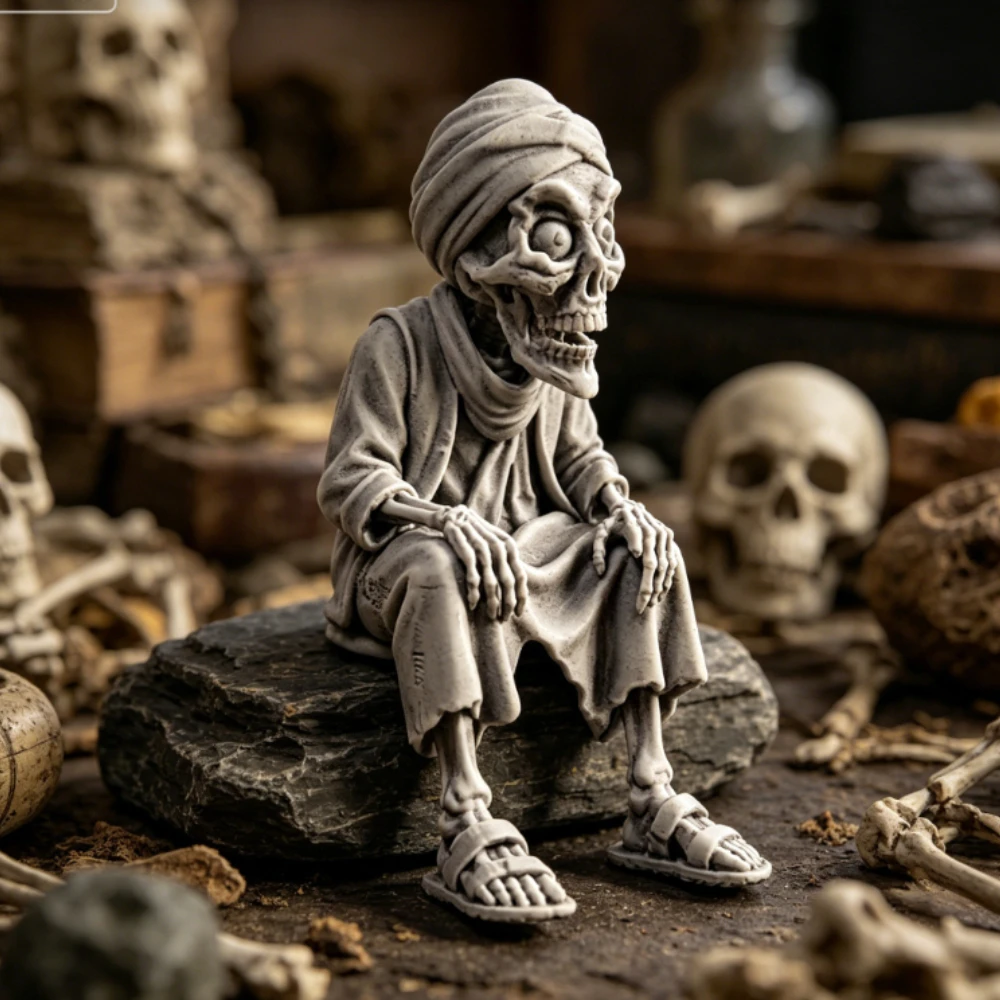 Figurine de squelette momifié vintage gothique avec bordure crâne, style turban, pour décoration de bureau d'étude et d'armoire de curiosités