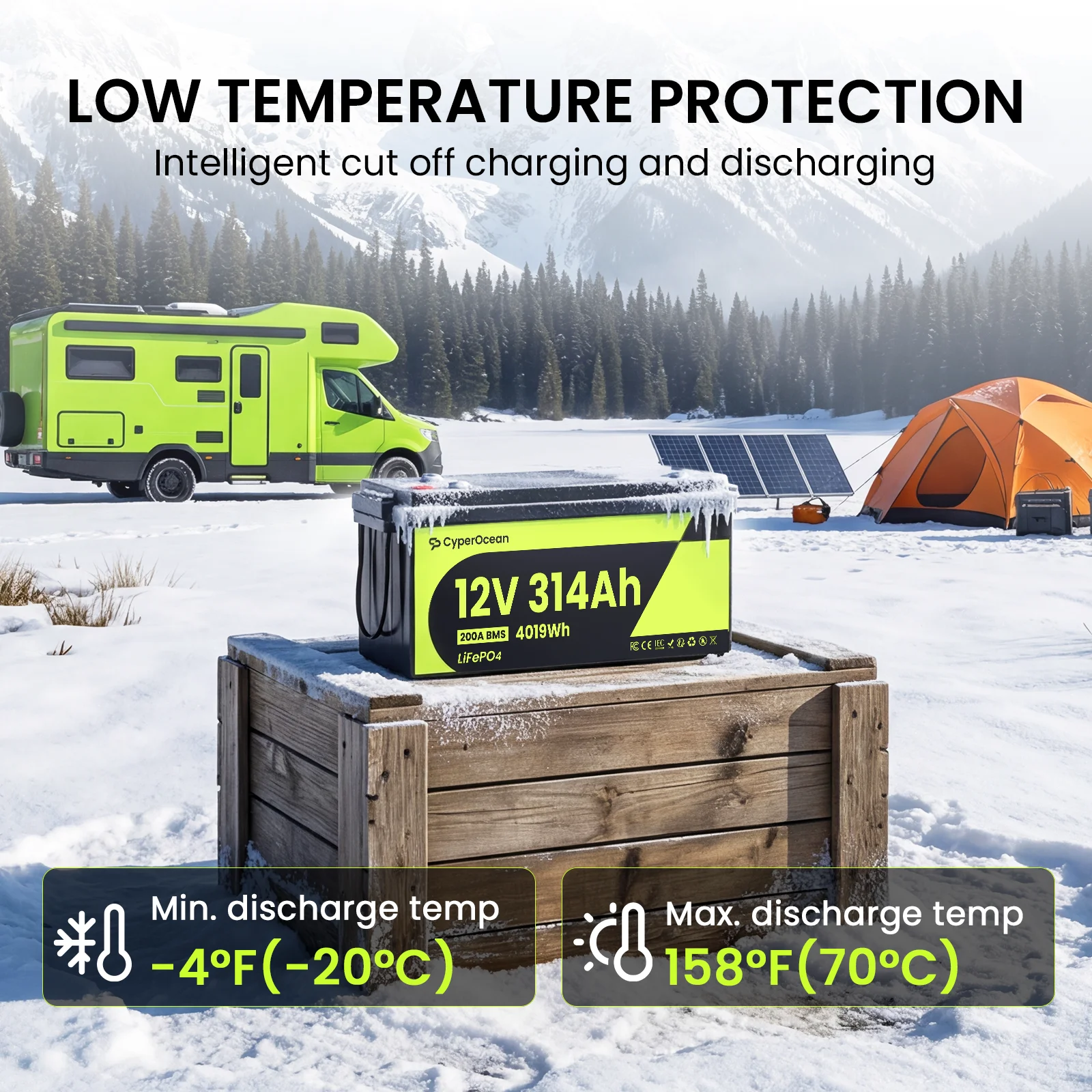 4019Wh LiFePO4 Batterie CyperOcean 12V 314Ah mit Niedertemperatur-200A-BMS-Schutz, tragbare Lithium-Eisenphosphat-Batterie, 15000+ Zyklen für Wohnmobile/Solaranlagen/Camping/Marine/RV/Zuhause usw.