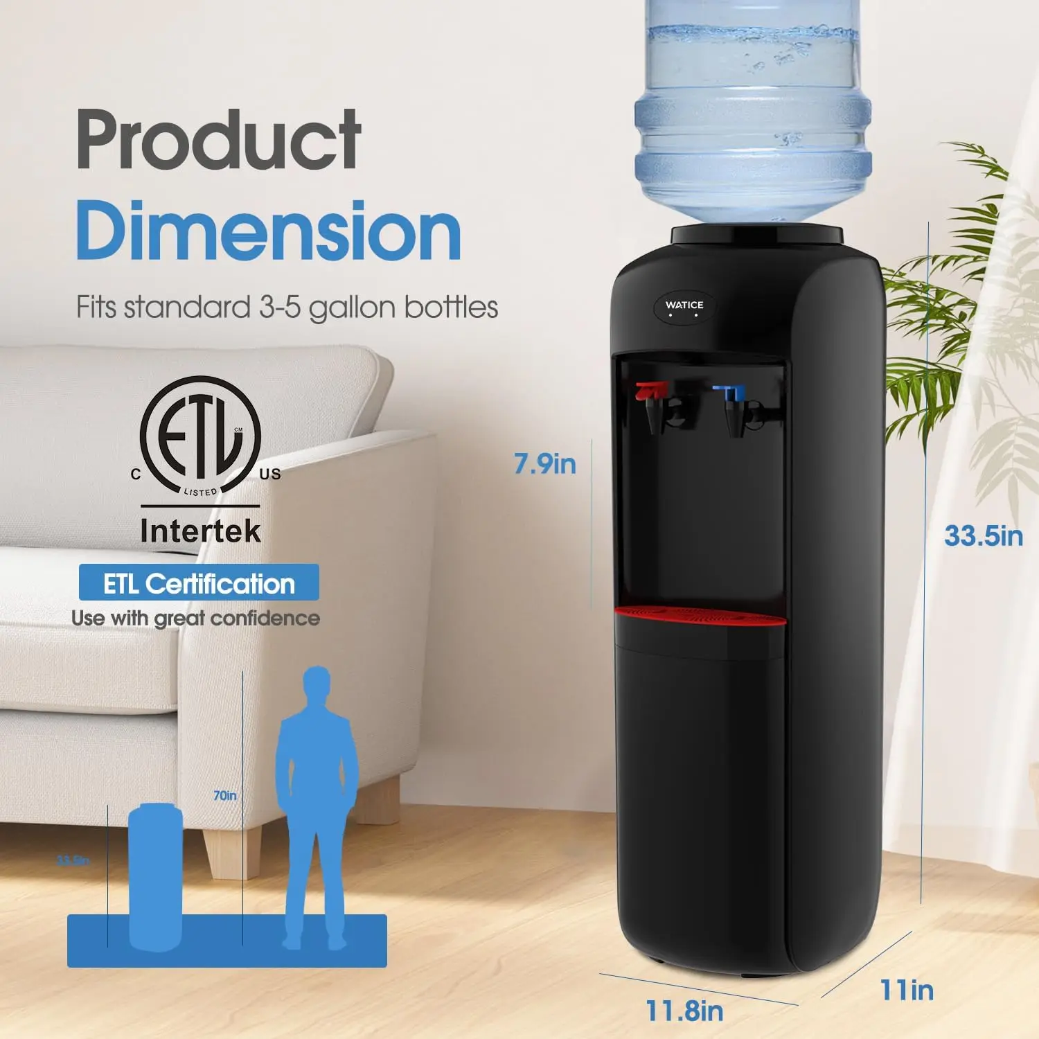 Top Loading Water Cooler Dispenser Hot Cold Water Machine For 3 Or 5 Gallon Bottles Child Safety Lock Home Office