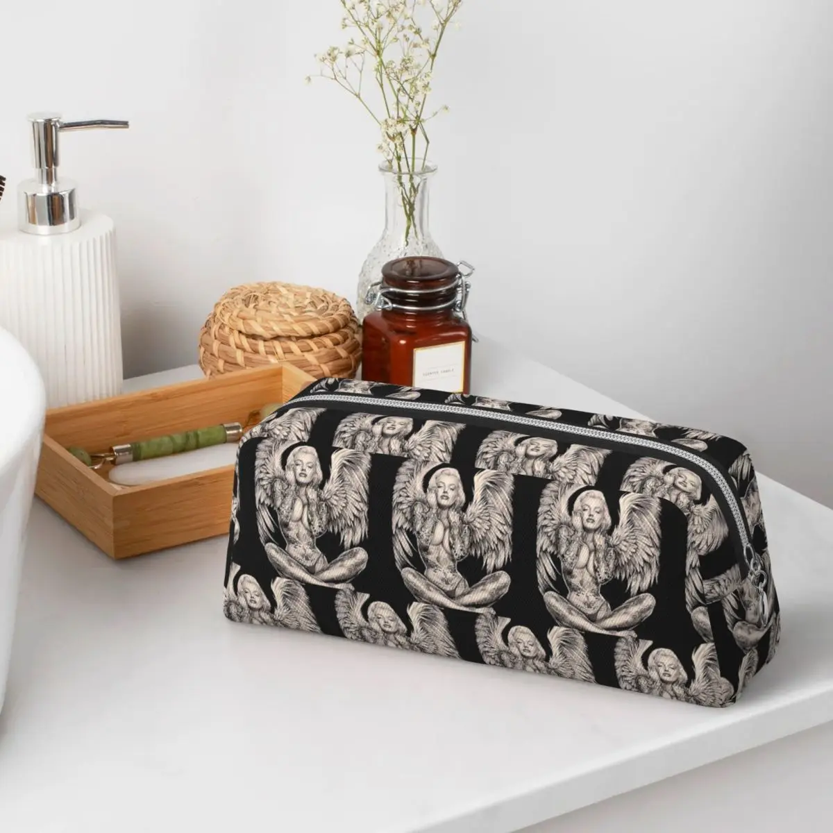 Marilyn Vintage Abstract Tattooed Angel Pencil Cases for Student School Pen Box Pencil Bag Pencil Pouch Storage Stationery