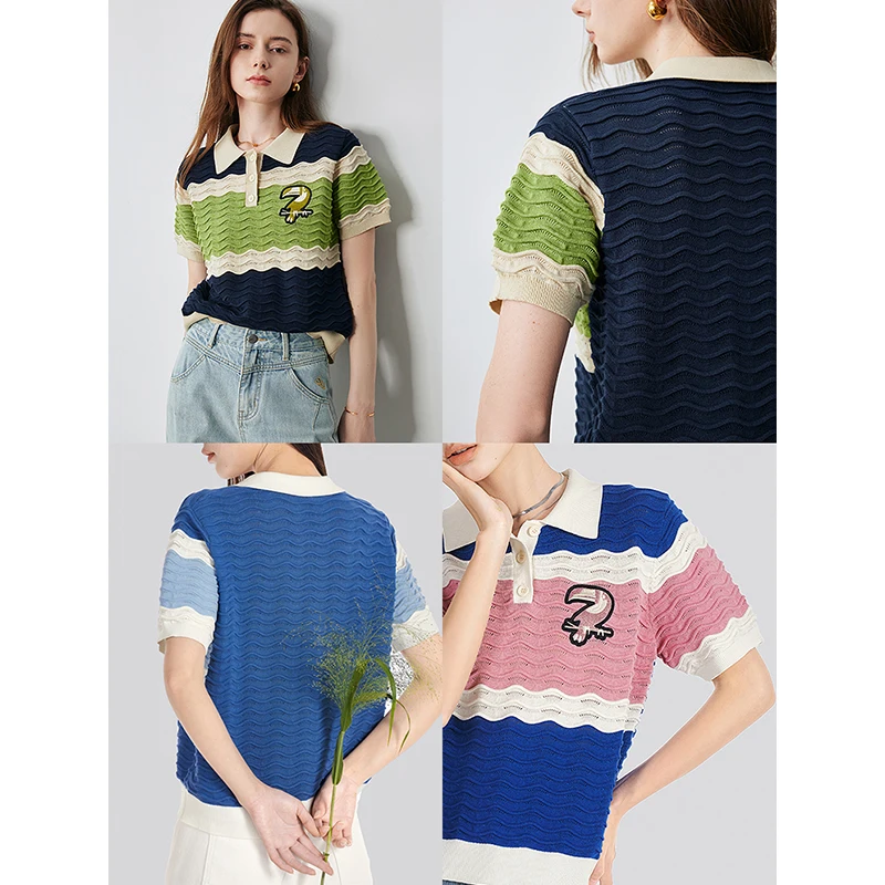 TOYOUTH Women Short sleeved Knitted Shirt 2024 Summer New Ice Silk Contrast Color Striped Turn Down Collar Pullover Casual Top