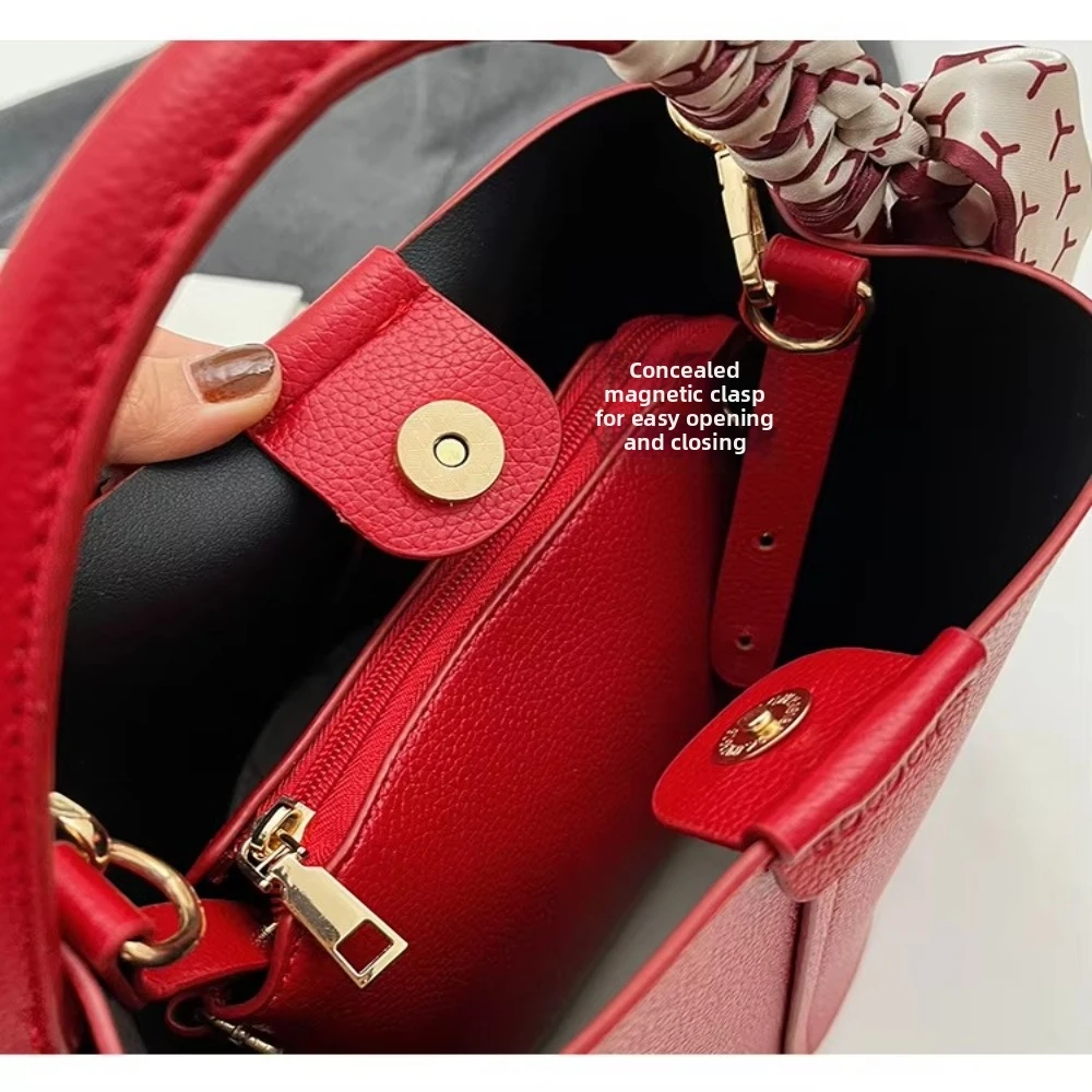 Meistverkaufte Rote Damen-Umhängetasche Hochwertige Schlichte Bucket Bag Vielseitige PU-Material Handtasche Hochzeitsgeschenk – Detail 8