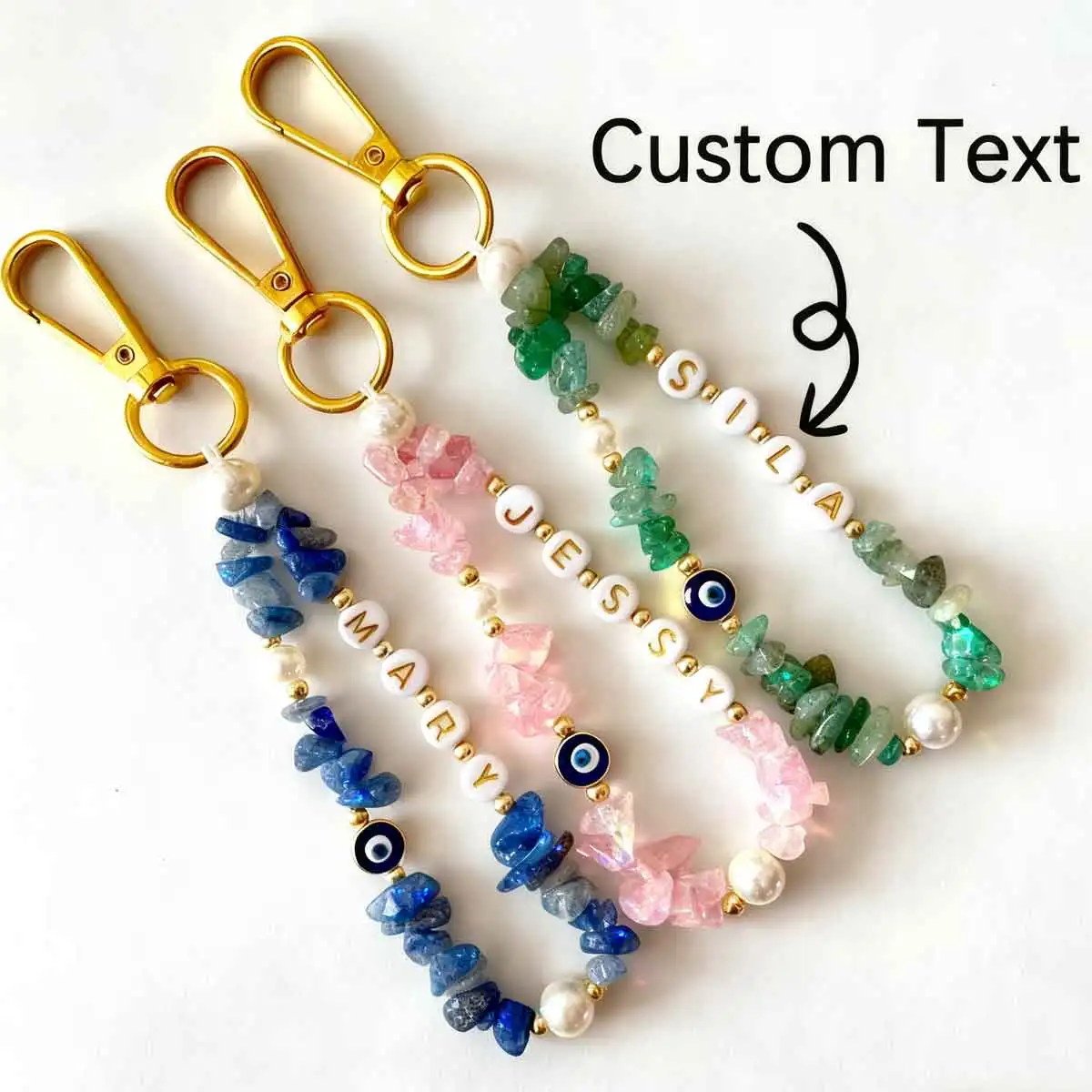 1PC Personalized Custom Gemstone Keychain, Devil Eye, Name Tag, Crystal Stone/Lapis Lazuli Raw Stone Pendant