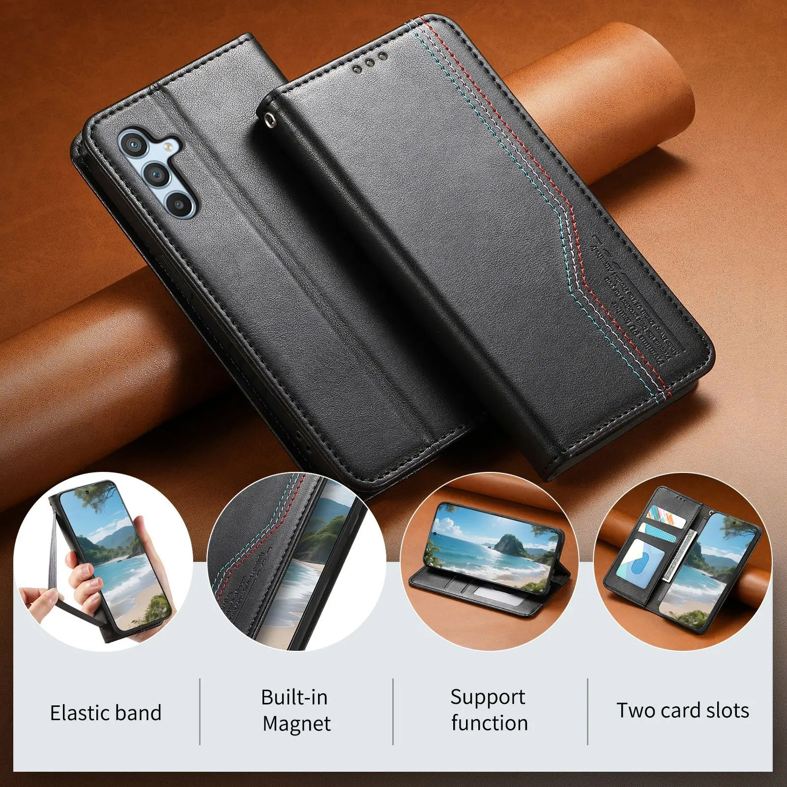 Applicable to Samsung A37 business pure-color mobile phone artificial leather case A56 flip cover with card slot A16  shell view 3