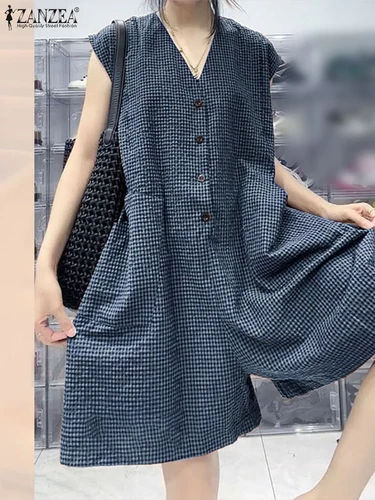 2025 ZANZEA moda mujer monos de pierna ancha verano a cuadros monos pantalones Casual cuello en V sin mangas peleles de trabajo de gran tamaño