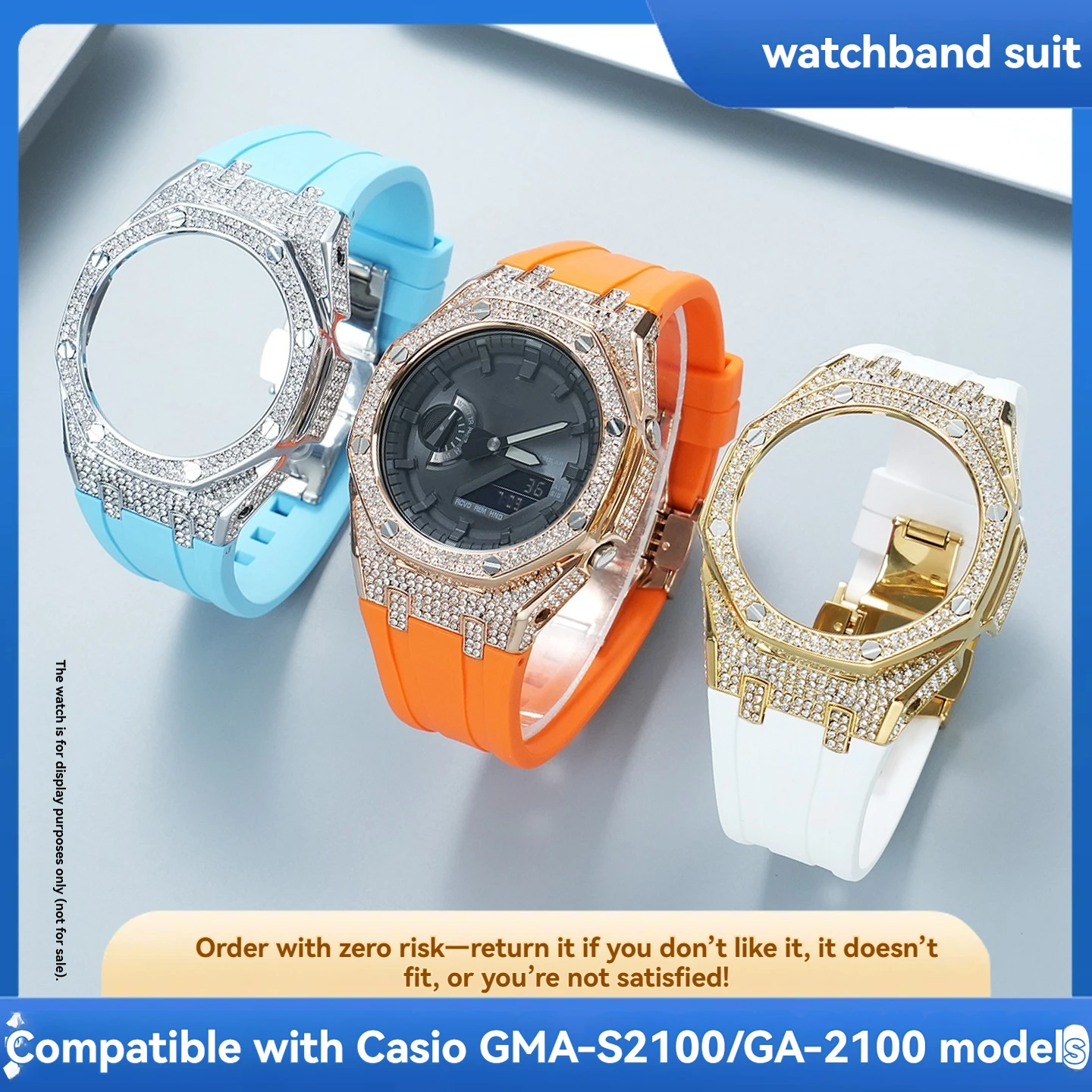 Stainless Steel Case Mod Kit  for Casio GA-2100 Farmhouse Oak GMA-S2100 Women's Water-Resistant Fluororubber Strap Accessories